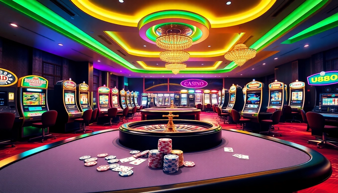Experience the excitement of U888 online gambling with vibrant casino tables and colorful slot machines.