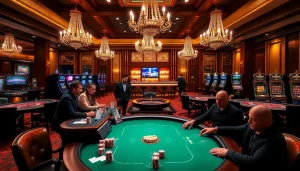 Players enjoying a thrilling poker game at the Gk88 casino, showcasing poised strategies and vibrant gaming atmosphere.