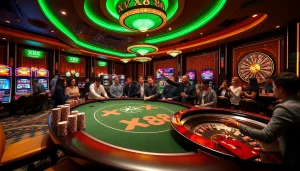 Excited players enjoying games at the luxurious XX 88 casino gaming table amidst vibrant ambiance.