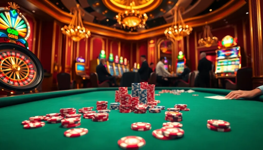 Excited players enjoying classic casino games at GO8 with vibrant lights and luxurious decor.