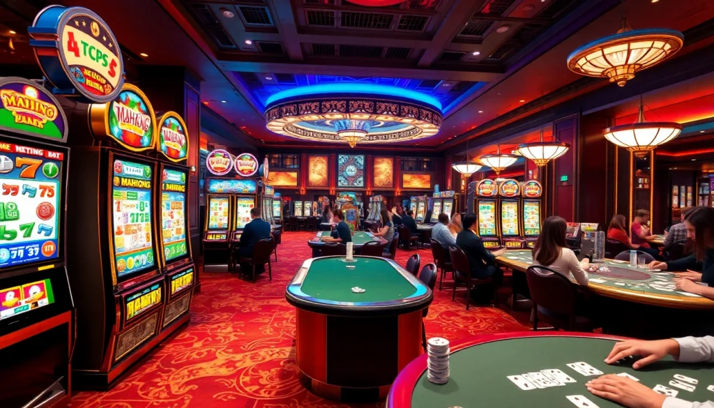 Experience the thrill of a mahjong slot demo with vibrant machines and lively gameplay in a luxurious casino setting.