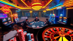 Experience the thrill of GO99 with high-stakes poker chips and vibrant casino lights.