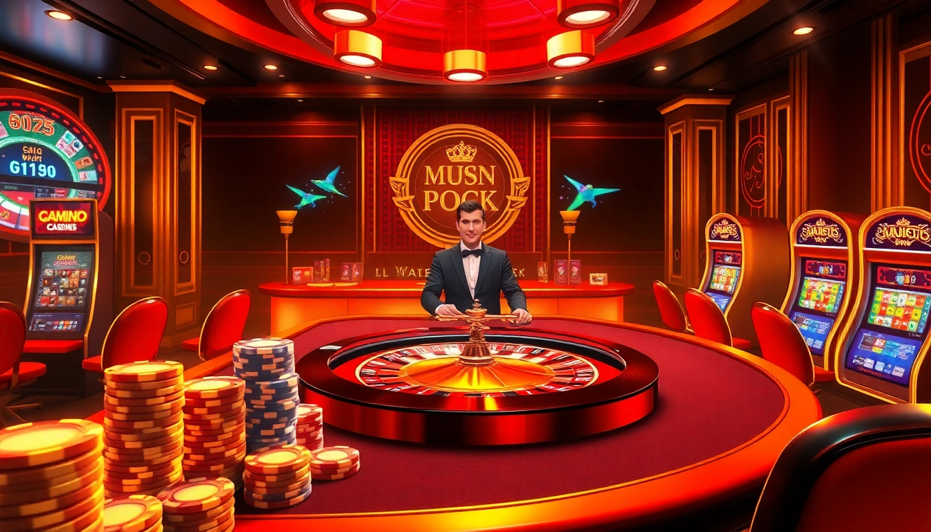 An engaging casino scene showcasing online gambling at https://nk88zz.bio/ with vibrant poker chips, roulette wheel, and digital slot machines.