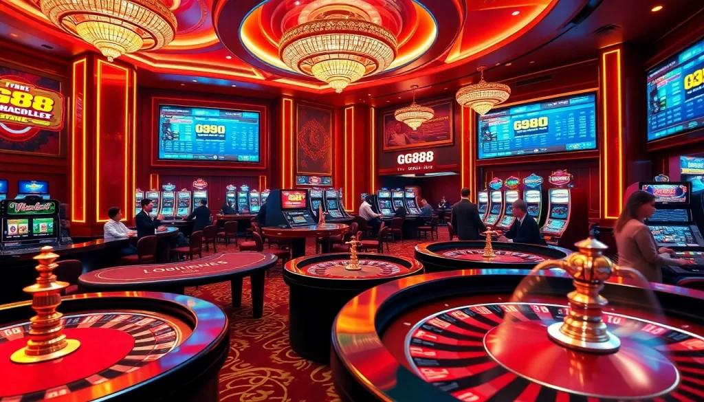 Engaging scene at GG88 casino with players around tables and slot machines.