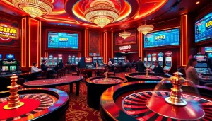 Engaging scene at GG88 casino with players around tables and slot machines.