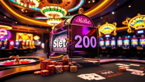 Permainan Slot Bet 200 yang Menarik dengan Elemen Kasino Berwarna-warni dan Kegembiraan Jackpot.