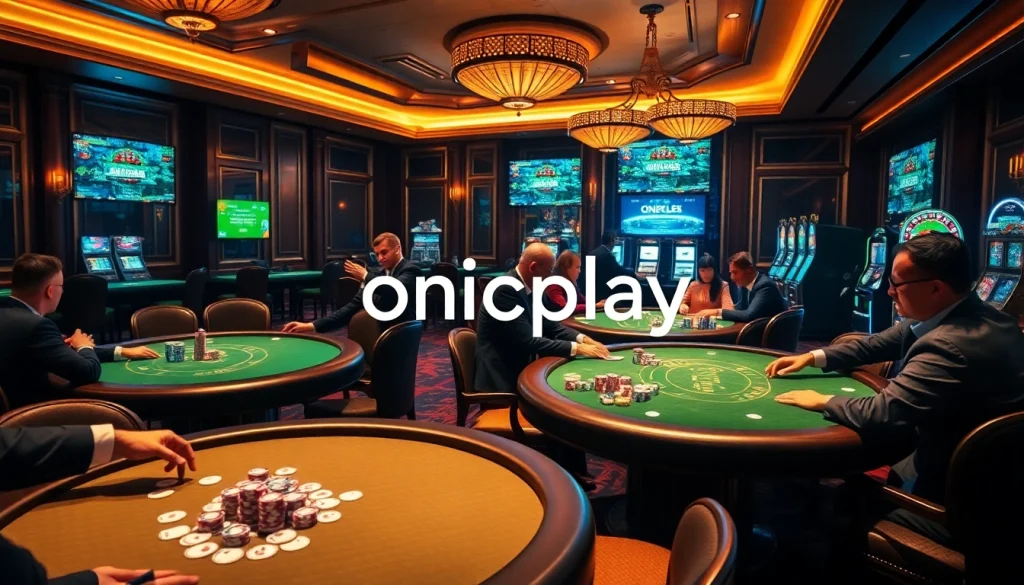 Engaging poker gameplay with onicplay branding highlighted in a luxurious casino setting.