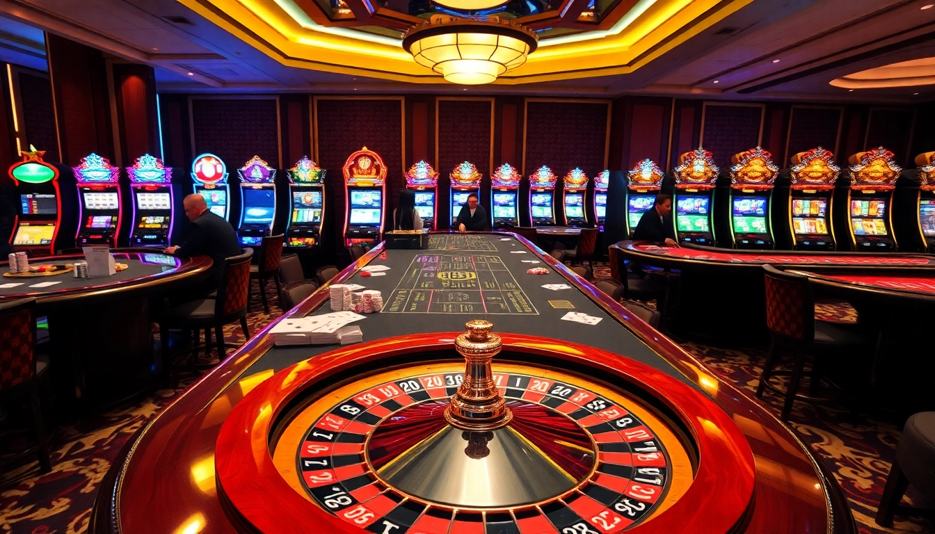 Engaging scene of gamblers enjoying games at nhà cái rr88's luxurious casino tables.