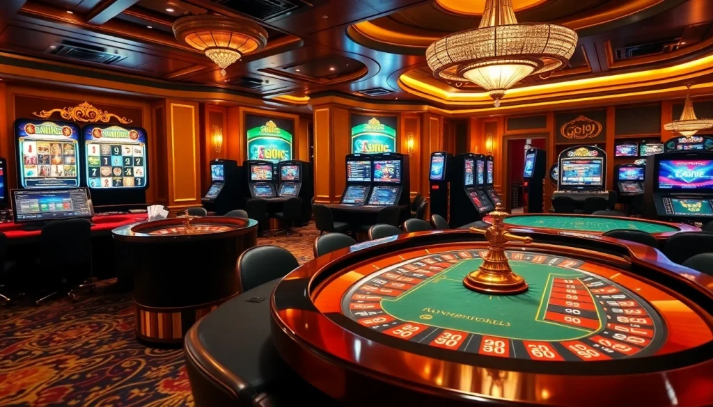 Engaging players at Nhà Cái GO99 in a vibrant casino atmosphere, featuring tables and slot machines.