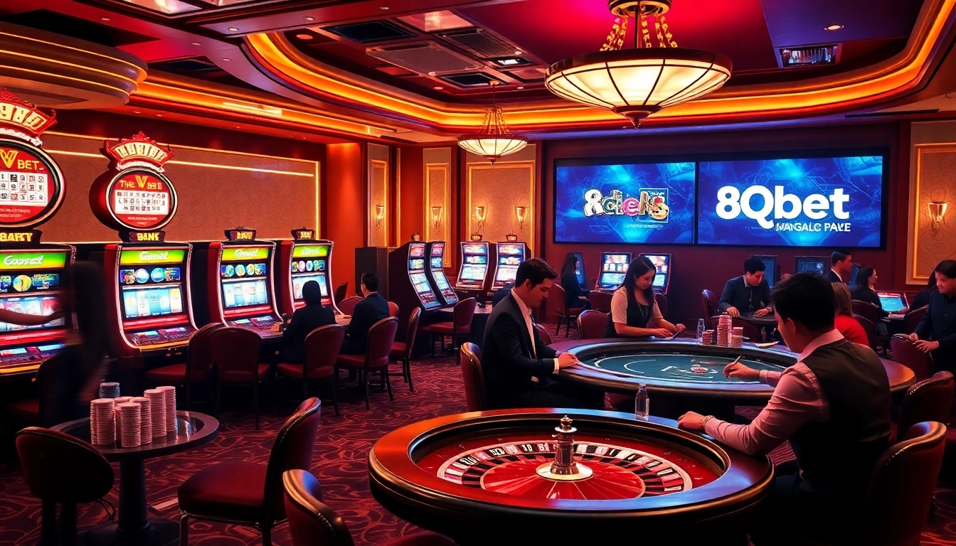 Experience thrilling gaming action at 8qbet with vibrant slot machines and poker tables.