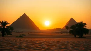 Visit https://piraminds.com/ to marvel at the stunning Pyramids of Giza under a golden sunset.