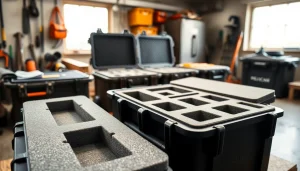 Protective foam Pelican Cases displayed with custom inserts in a workshop, highlighting versatility and craftsmanship.
