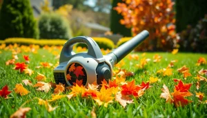 Efficient electric leaf blower clearing vibrant autumn leaves in a sunny garden.