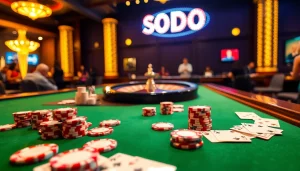 SODO casino scene showing vibrant poker table with chips, cards, and roulette wheel highlighting excitement.