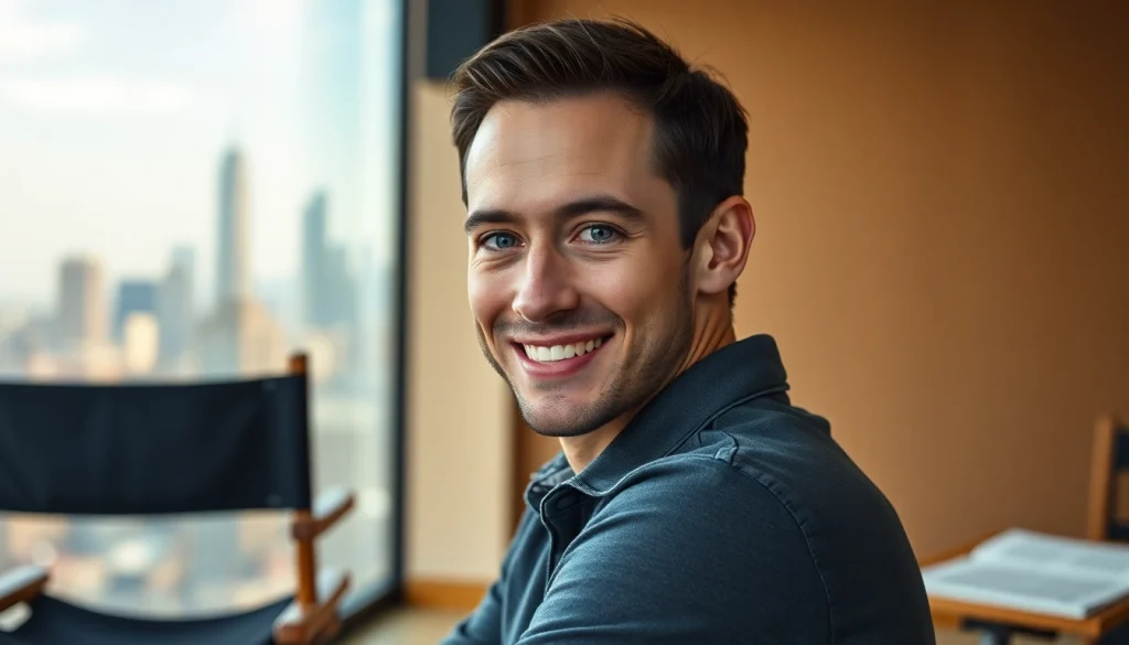 Joseph Gordon-Levitt smiling warmly in a cinematic urban setting with natural lighting.