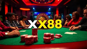 Players engaging in a thrilling game at a luxurious casino poker table with xx88 branding visible.