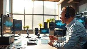 Create realistic audio outputs with AI Voice technology in a high-tech environment.