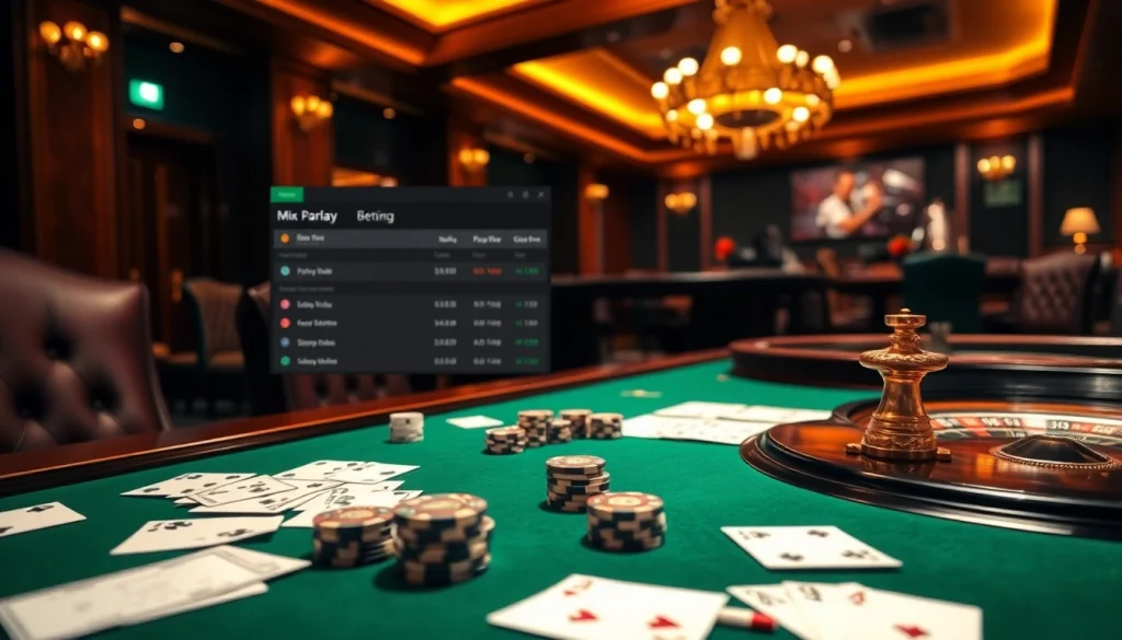 Exciting mix parlay betting scene at a luxurious casino table featuring cards and betting slips.