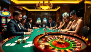 An engaging casino scene showcasing players at a roulette table, inspired by https://okwin.blog, highlighting excitement and luxury.