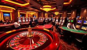 C168 casino scene with vibrant tables, thrilling games, and excited players engaging in high stakes.