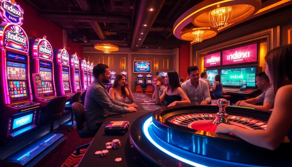 Players strategizing thrilling bets at the indoxxi casino, surrounded by vibrant slot machines and roulette wheels.
