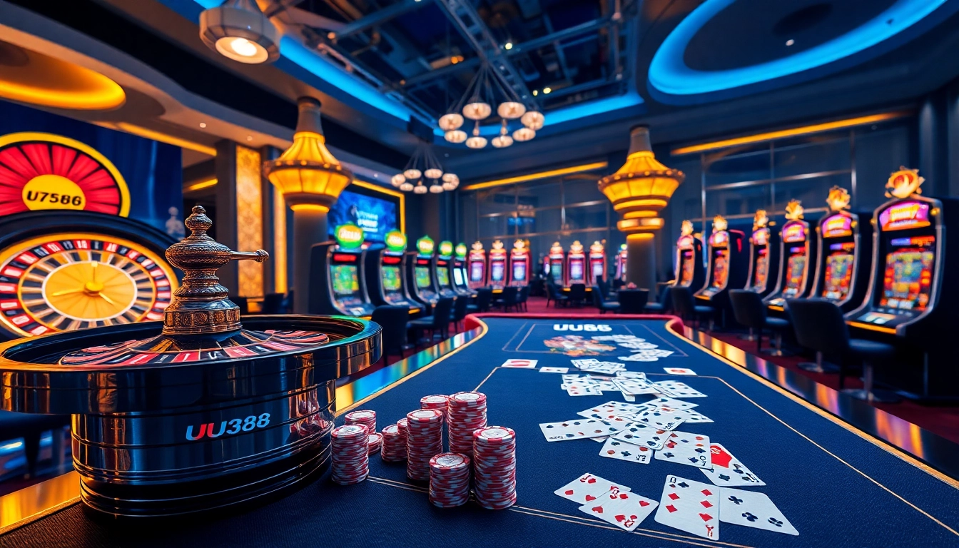 Experience the excitement of UU88 online gambling with vibrant casino elements and roulette wheel.