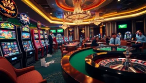 Engage in exhilarating gameplay with depo 5k at vibrant casino tables featuring slot machines and poker hands.