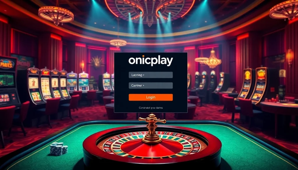 Engaging online gambling atmosphere featuring onicplay login interface with vibrant casino elements.