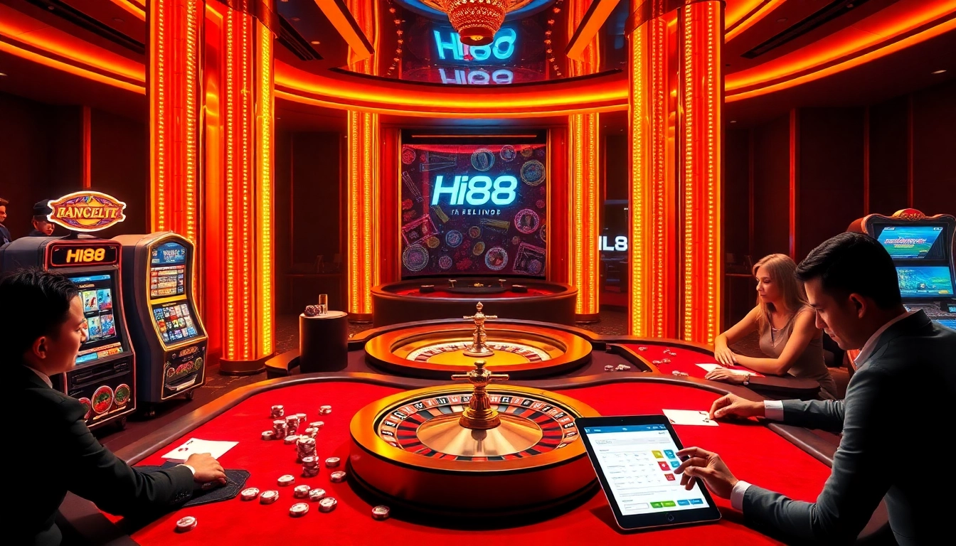 Experience the thrilling action of Hi88 with players engaging at vibrant casino tables and slot machines.