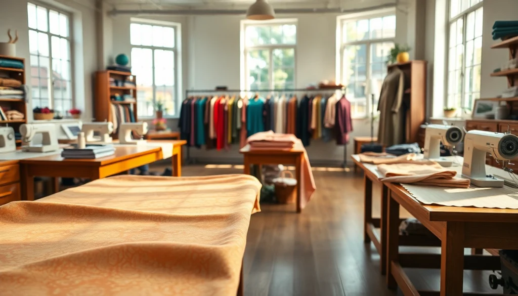 Punta di roma stoffen prachtig gepresenteerd in een textielstudio, omringd door naaimaterialen.