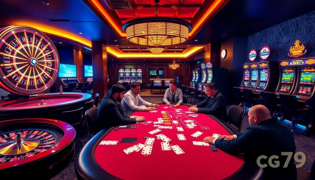 Trận poker đầy kịch tính tại cg79 casino, với bàn poker sống động, các quân chip và người chơi đang tham gia.