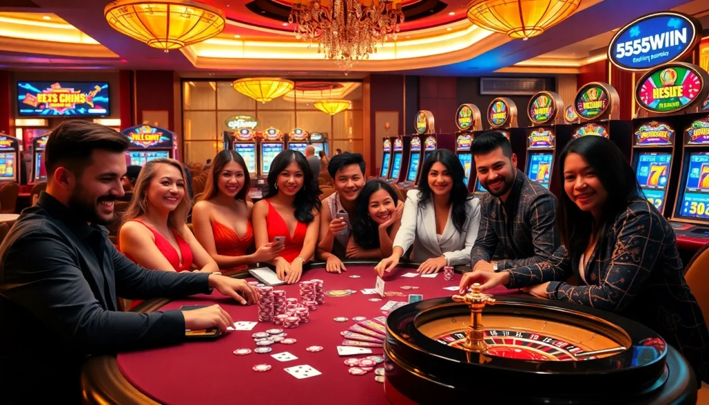 Experience the excitement at 555win com with vibrant gambling visuals of poker games and slot machines.
