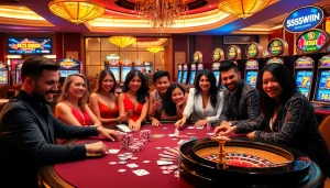Experience the excitement at 555win com with vibrant gambling visuals of poker games and slot machines.
