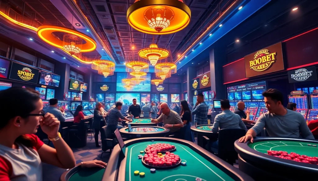 Exciting scene of diverse users interacting with SBOBET's online gaming platform, showcasing sports betting, casino games, and poker.