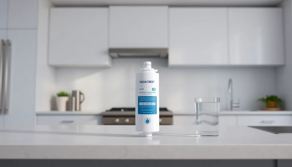 AQUA CREST Replacement for GE® RPWFE filter on a kitchen counter with a glass of clear water, showcasing freshness and quality.