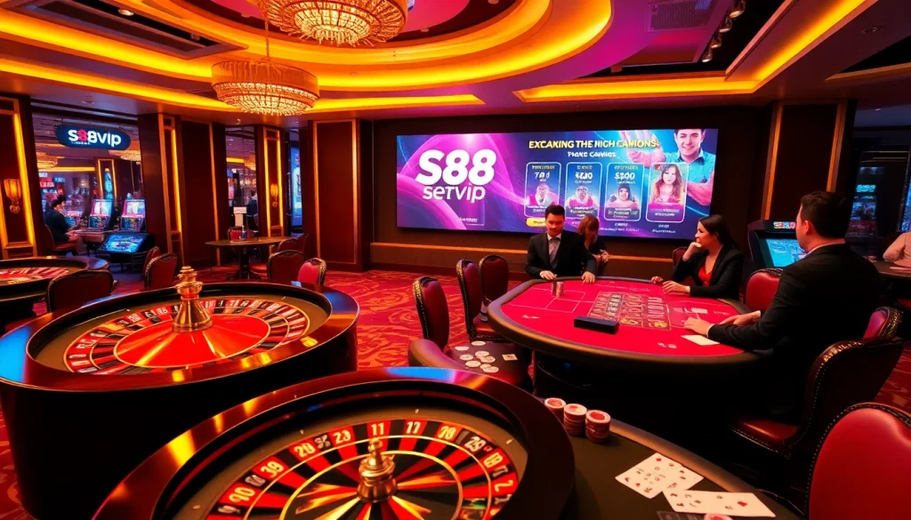 S88vip players enjoying an upscale casino experience with roulette and poker games.