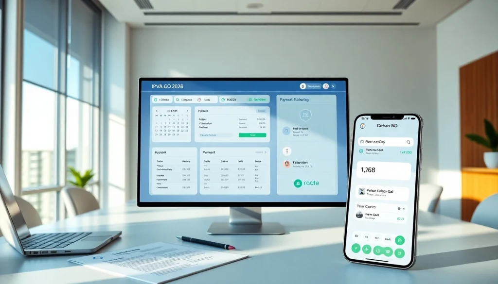 Detran GO's digital dashboard for IPVA 2026 calendar with modern office setup.