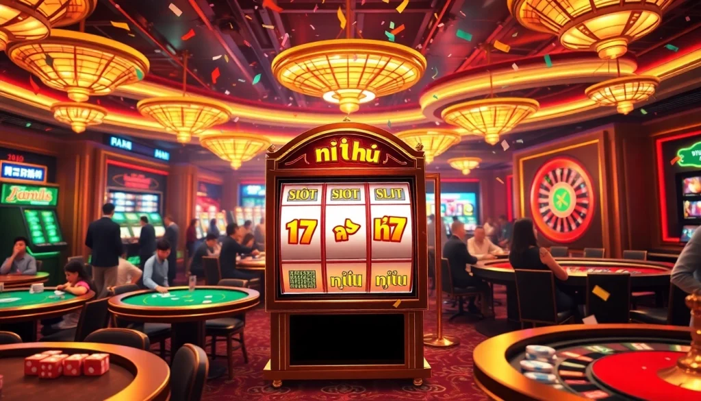 Nổ hũ slot machine surrounded by enthusiastic players and glamorous casino elements