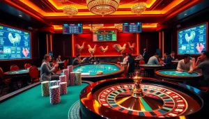 Intense action at a nhà cái đá gà betting event with colorful chips and odds displayed.