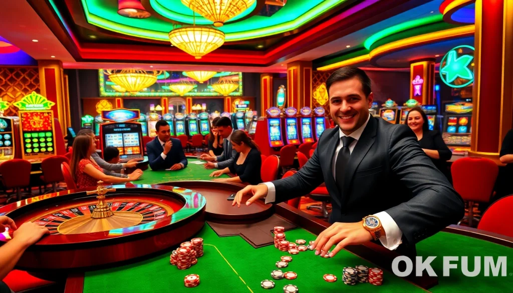 Join the exhilarating gameplay at OKFUN.COM with casino tables, vibrant slot machines, and poker chips.