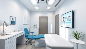 医療チャートと教育資料を背景に「包茎手術 おすすめ」を強調した、包茎手術の診察室の様子。