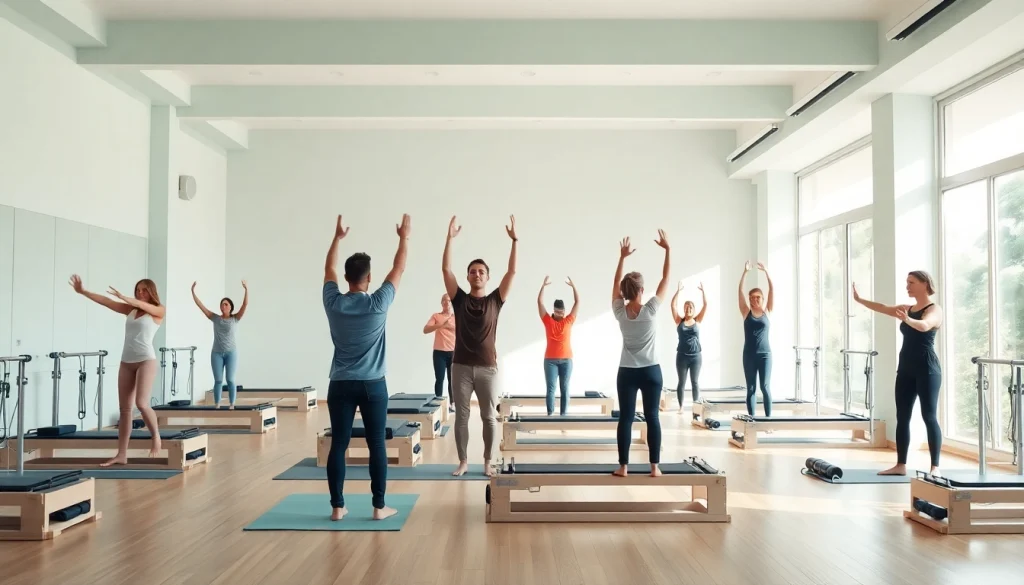 台東区のピラティススタジオ、支え合うクラス環境で多様な参加者が参加している様子。