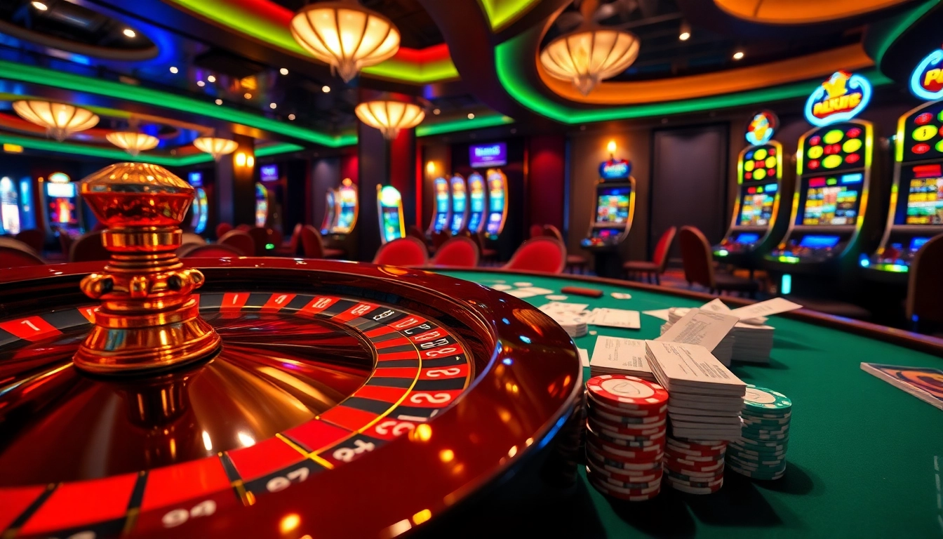 NK88 gaming excitement with luxury roulette and premium poker chips in a vibrant casino.