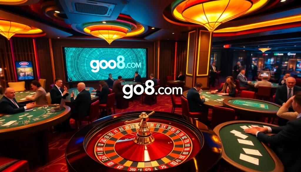 Players enjoying casino games and online interfaces at go8.com with an elegant roulette wheel.