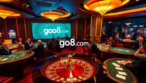 Players enjoying casino games and online interfaces at go8.com with an elegant roulette wheel.