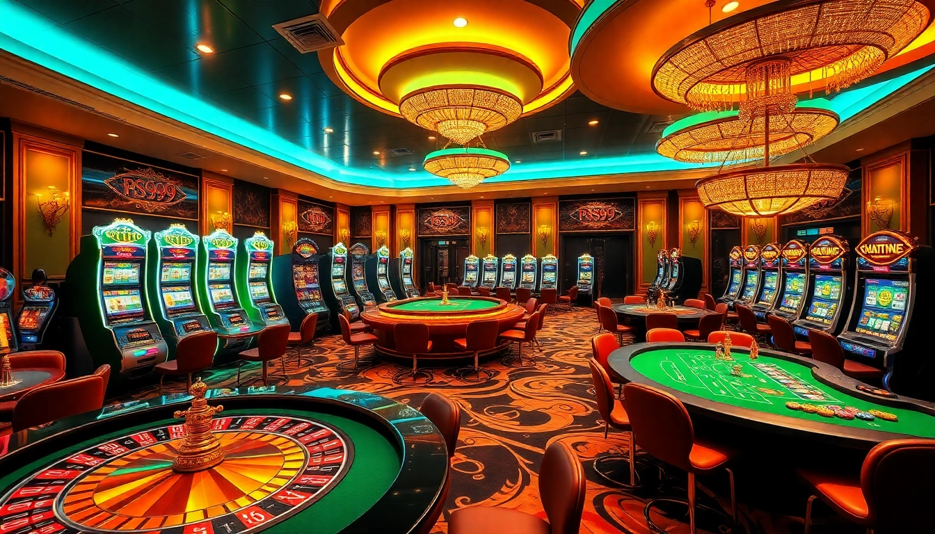 Engage with thrilling games at PS99 casino, featuring vibrant slot machines and gaming tables.