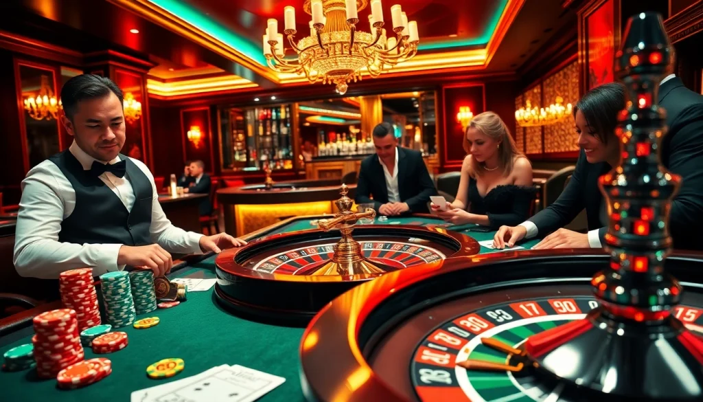 Players strategizing in a luxury casino setting featuring MMOO poker chips and roulette tables.