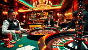 Players strategizing in a luxury casino setting featuring MMOO poker chips and roulette tables.