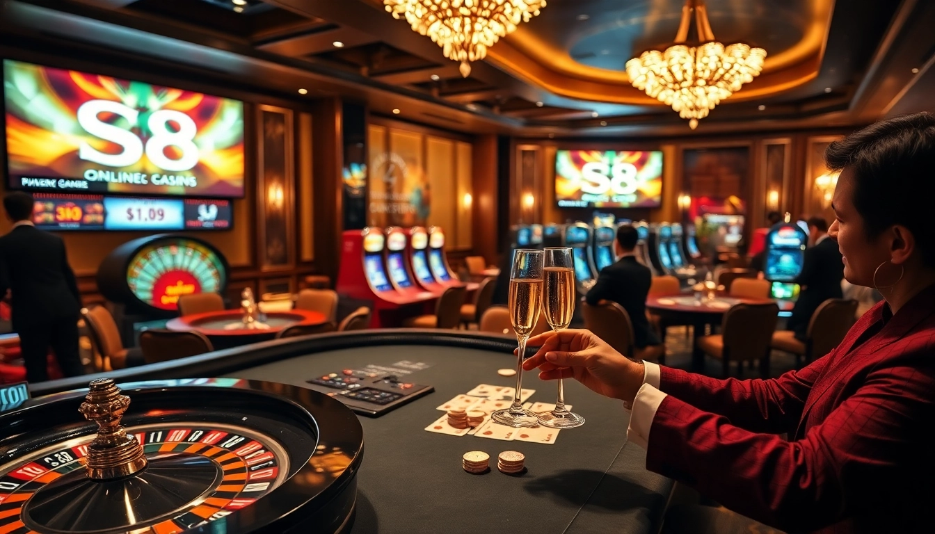 S8 gaming excitement with elegant casino tables and vibrant slot machines.