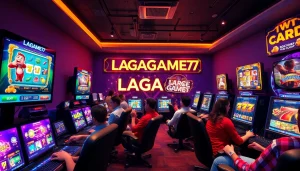 LAGAGAME77 gaming room showcasing vibrant slot games and players engaged in exciting action.